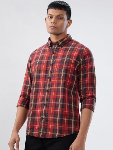 Men Spykar Red Check Regular Fit Shirt