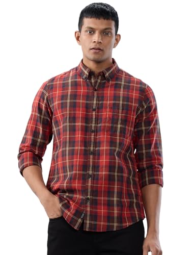 Men Spykar Red Check Regular Fit Shirt