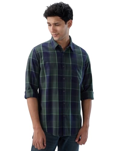 Men Spykar Green Check Regular Fit Shirt