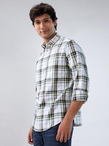 Men Spykar Yellow Check Regular Fit Shirt