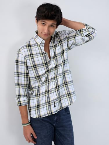 Men Spykar Yellow Check Regular Fit Shirt
