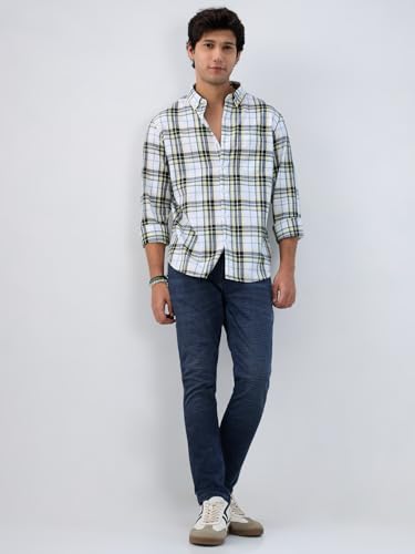 Men Spykar Yellow Check Regular Fit Shirt