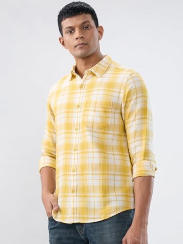 Men Spykar Yellow Check Regular Fit Shirt