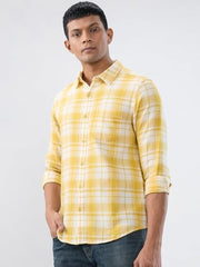 Men Spykar Yellow Check Regular Fit Shirt
