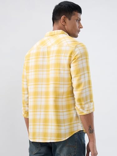 Men Spykar Yellow Check Regular Fit Shirt