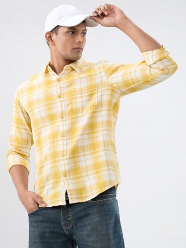 Men Spykar Yellow Check Regular Fit Shirt