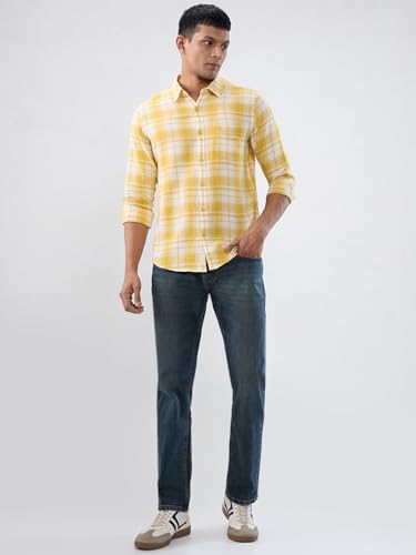 Men Spykar Yellow Check Regular Fit Shirt