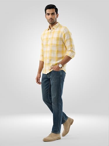 Men Spykar Yellow Check Regular Fit Shirt