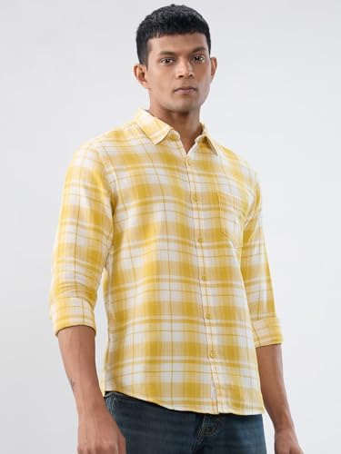 Men Spykar Yellow Check Regular Fit Shirt