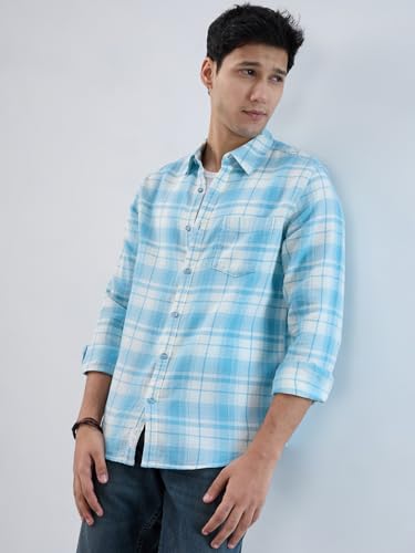 Men Spykar Blue Check Regular Fit Shirt