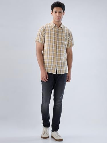 Men Spykar Beige Check Regular Fit Shirt
