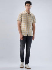 Men Spykar Beige Check Regular Fit Shirt
