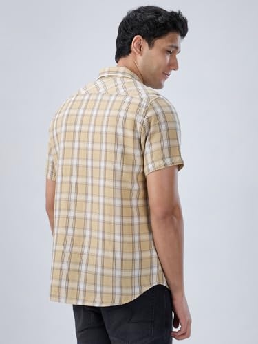 Men Spykar Beige Check Regular Fit Shirt