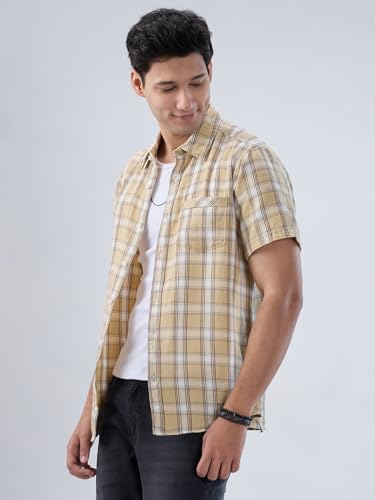 Men Spykar Beige Check Regular Fit Shirt