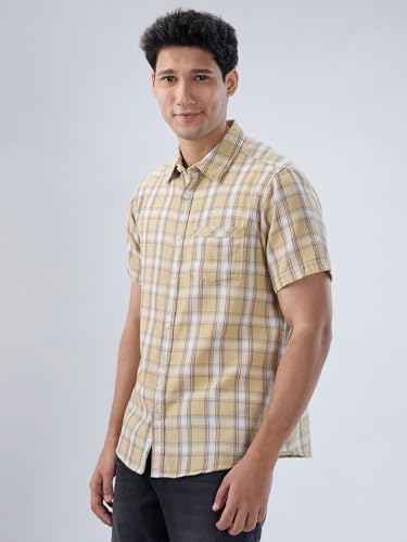 Men Spykar Beige Check Regular Fit Shirt