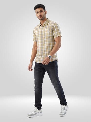 Men Spykar Beige Check Regular Fit Shirt