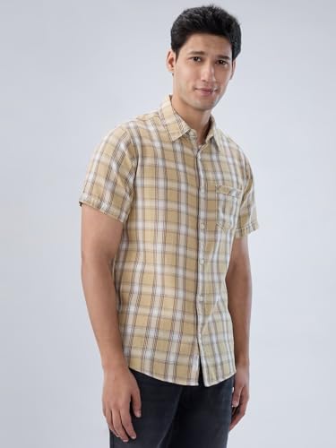 Men Spykar Beige Check Regular Fit Shirt