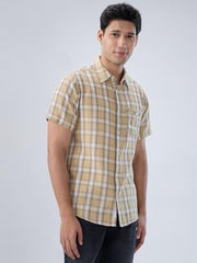 Men Spykar Beige Check Regular Fit Shirt
