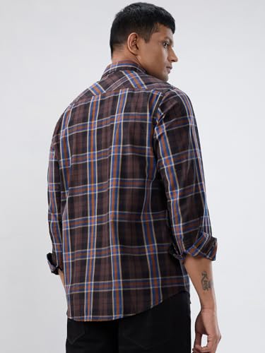 Men Spykar Brown Check Regular Fit Shirt
