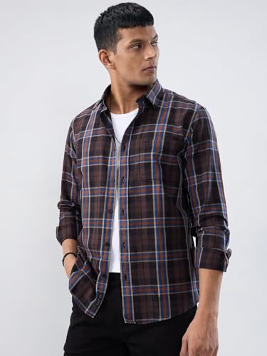 Men Spykar Brown Check Regular Fit Shirt