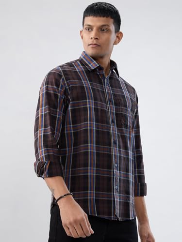 Men Spykar Brown Check Regular Fit Shirt