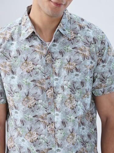 Men Spykar Green Print Regular Fit Shirt