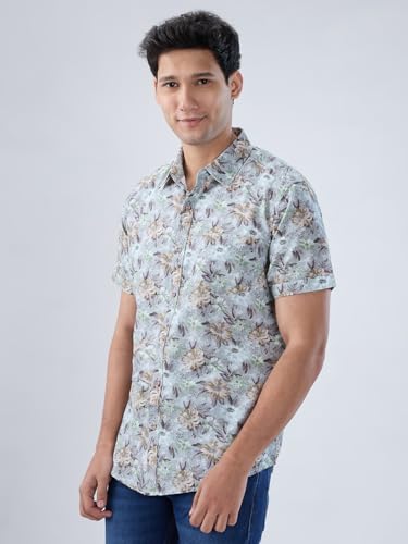 Men Spykar Green Print Regular Fit Shirt