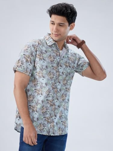 Men Spykar Green Print Regular Fit Shirt