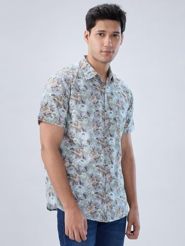 Men Spykar Green Print Regular Fit Shirt