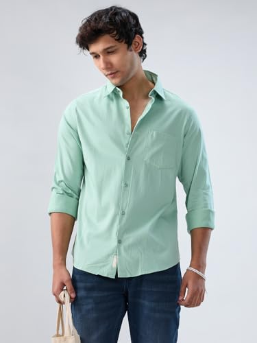 Men Spykar Green Solid Regular Fit Shirt