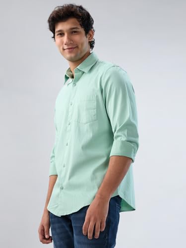 Men Spykar Green Solid Regular Fit Shirt