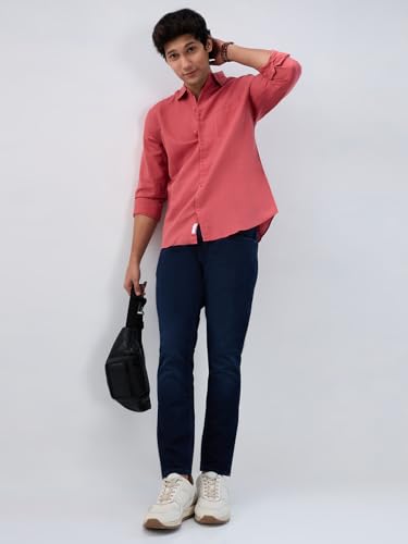 Men Spykar Red Solid Regular Fit Shirt