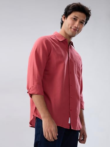 Men Spykar Red Solid Regular Fit Shirt