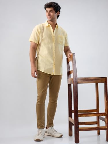 Men Spykar Yellow Solid Regular Fit Shirt