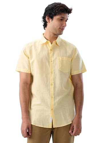 Men Spykar Yellow Solid Regular Fit Shirt