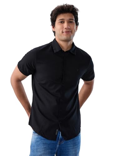 Men Spykar Black Solid Regular Fit Shirt