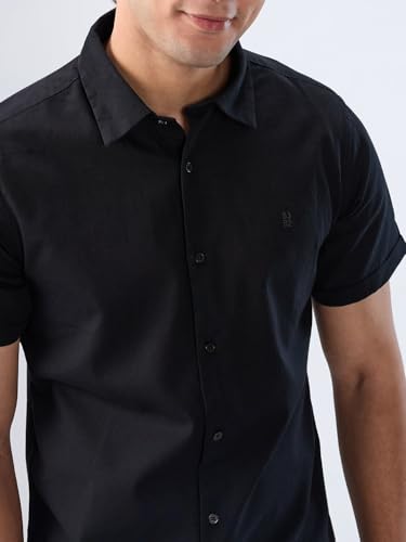 Men Spykar Black Solid Regular Fit Shirt