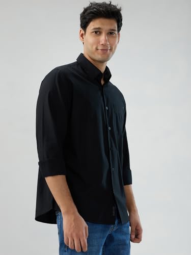 Men Spykar Black Solid Regular Fit Shirt