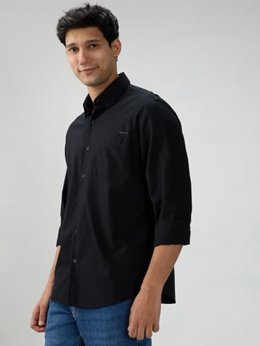 Men Spykar Black Solid Regular Fit Shirt