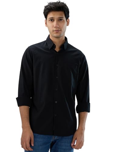 Men Spykar Black Solid Regular Fit Shirt