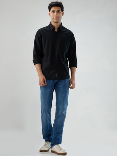 Men Spykar Black Solid Regular Fit Shirt