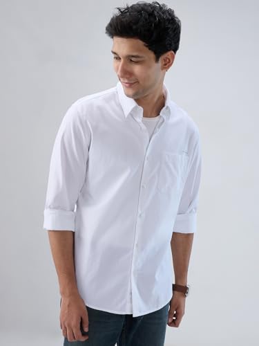 Men Spykar White Solid Regular Fit Shirt