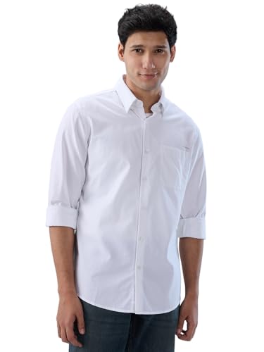 Men Spykar White Solid Regular Fit Shirt
