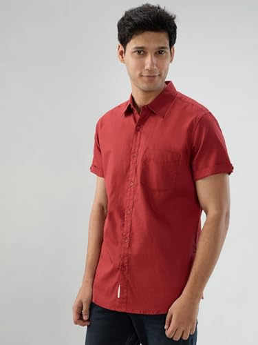 Men Spykar Red Solid Regular Fit Shirt
