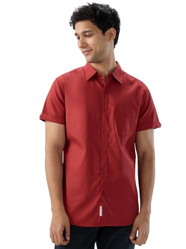 Men Spykar Red Solid Regular Fit Shirt