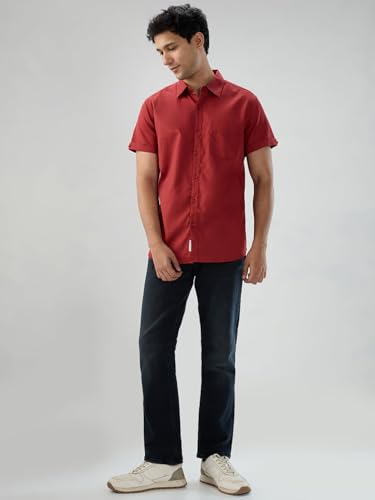 Men Spykar Red Solid Regular Fit Shirt