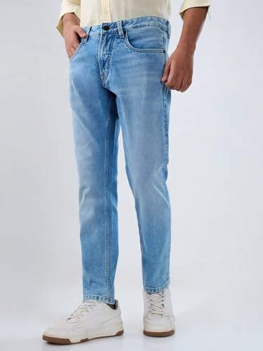 Men Spykar Blue Solid Slim Fit Mid Rise Jeans