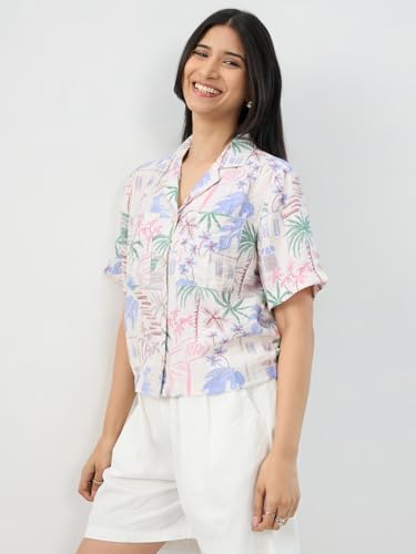 Women Spykar White Print Boxy Fit Shirt