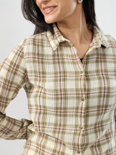 Women Spykar Green Check Regular Fit Shirt