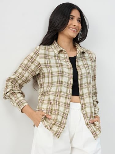 Women Spykar Green Check Regular Fit Shirt